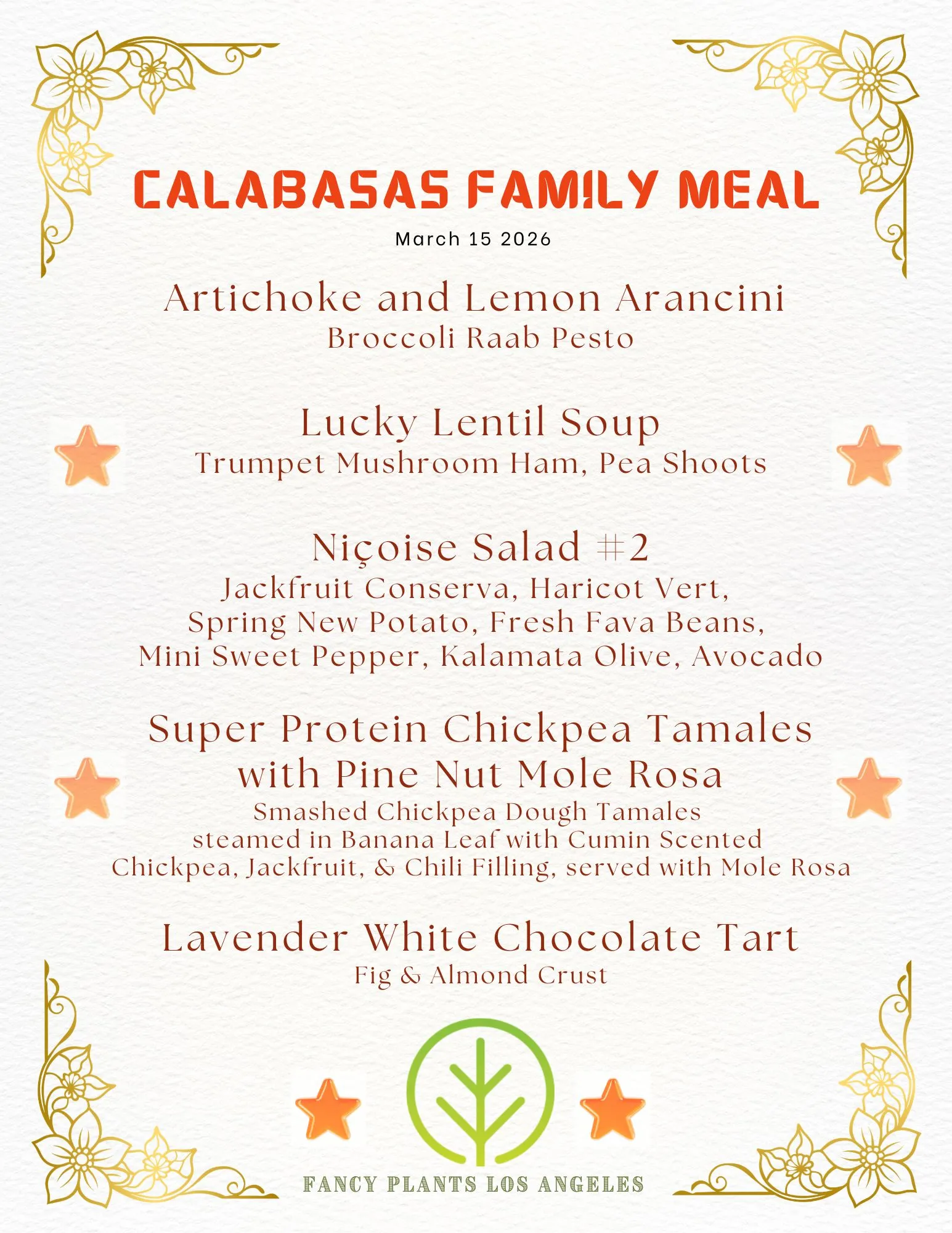Printed menu card for Calabasas Family Meal, 15 March 2026 — transcribed below
