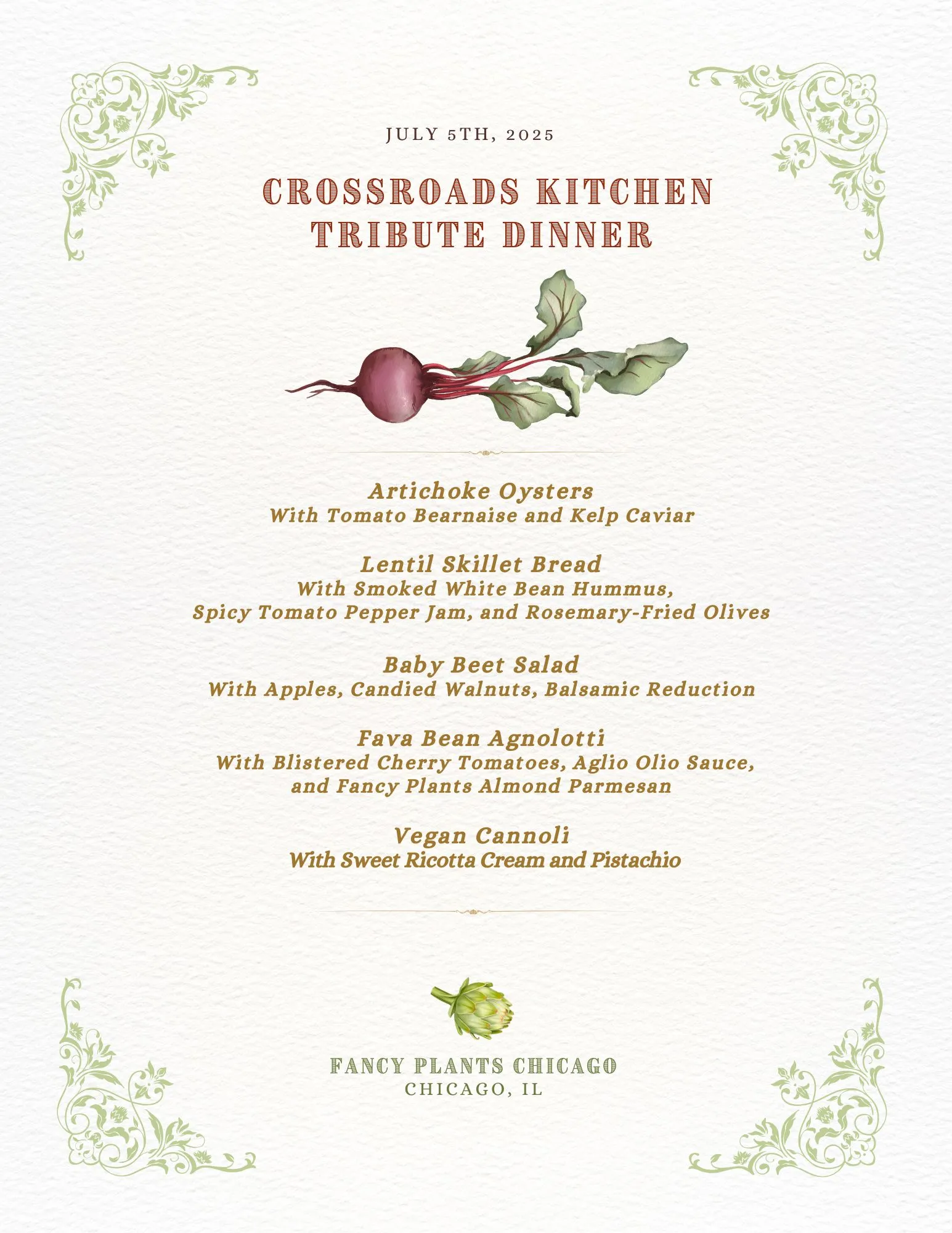 Printed menu card for Crossroads Kitchen Tribute Dinner, 5 July 2025 — transcribed below