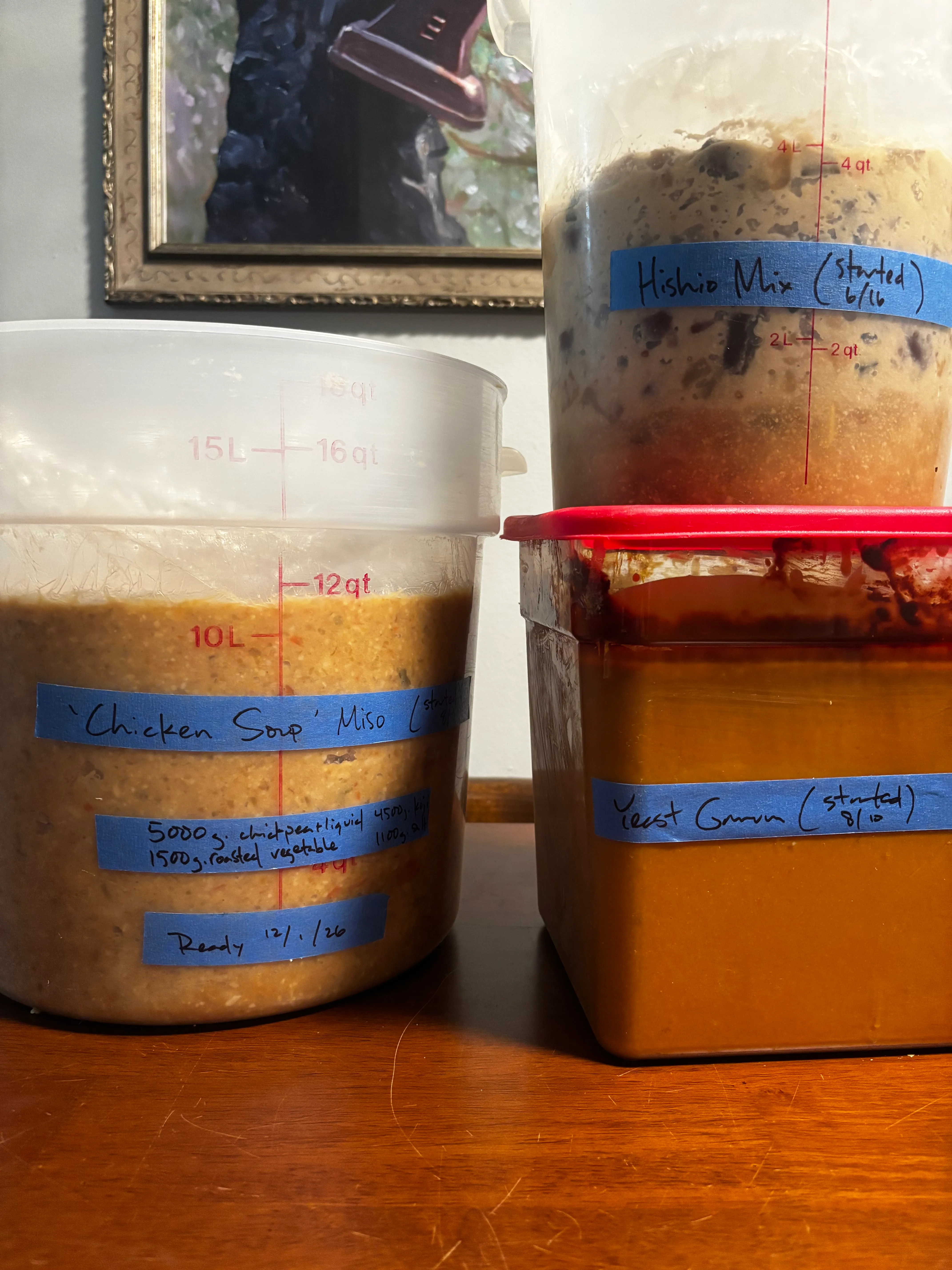 Three fermenting vessels on a wooden table, hand-labelled in marker on blue tape: a chickpea "chicken soup" miso with its recipe written on the side, a hishio mix, and a tub of yeast garum, each dated with the day it was started