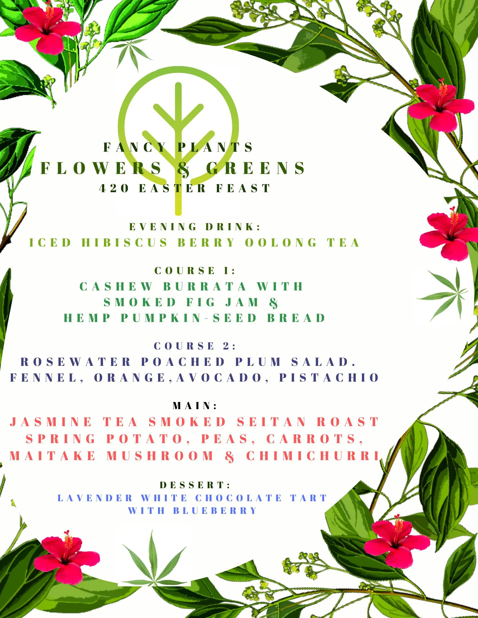 Printed menu card for Flowers & Greens, 420 Easter Feast — transcribed below