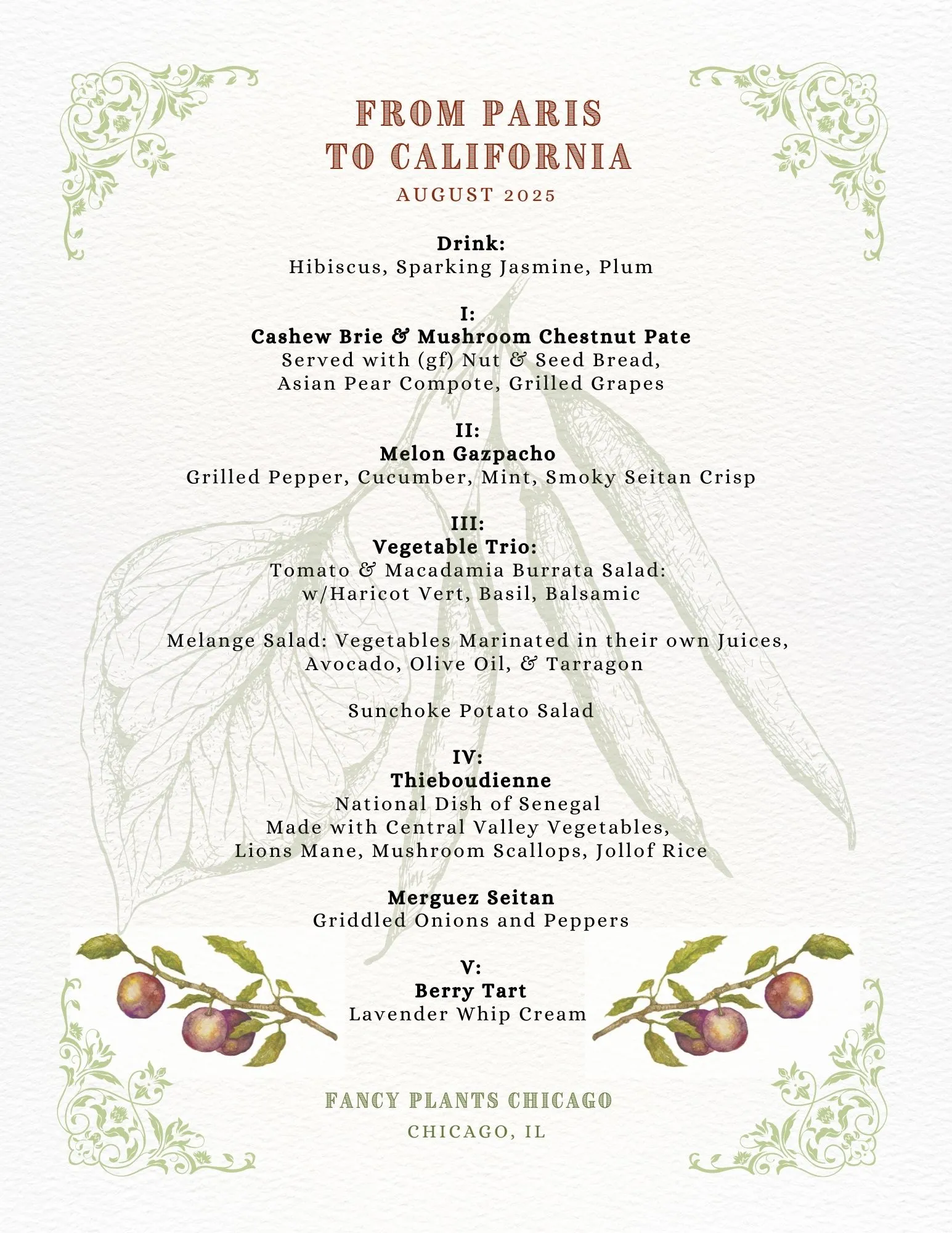 Printed menu card for From Paris to California, August 2025 — transcribed below