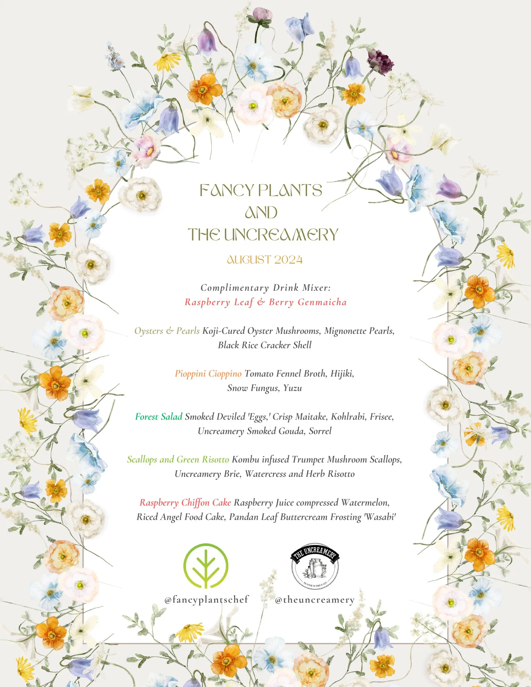 Printed menu card for Fancy Plants and The Uncreamery, August 2024 — transcribed below