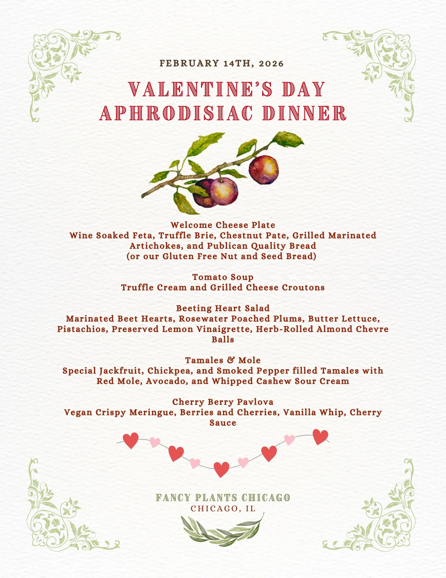 Printed menu card for Valentine's Day Aphrodisiac Dinner, 14 February 2026 — transcribed below