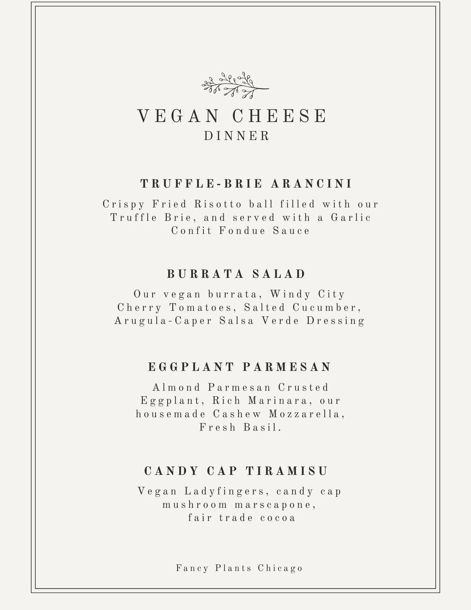 Printed menu card for Vegan Cheese Dinner — transcribed below