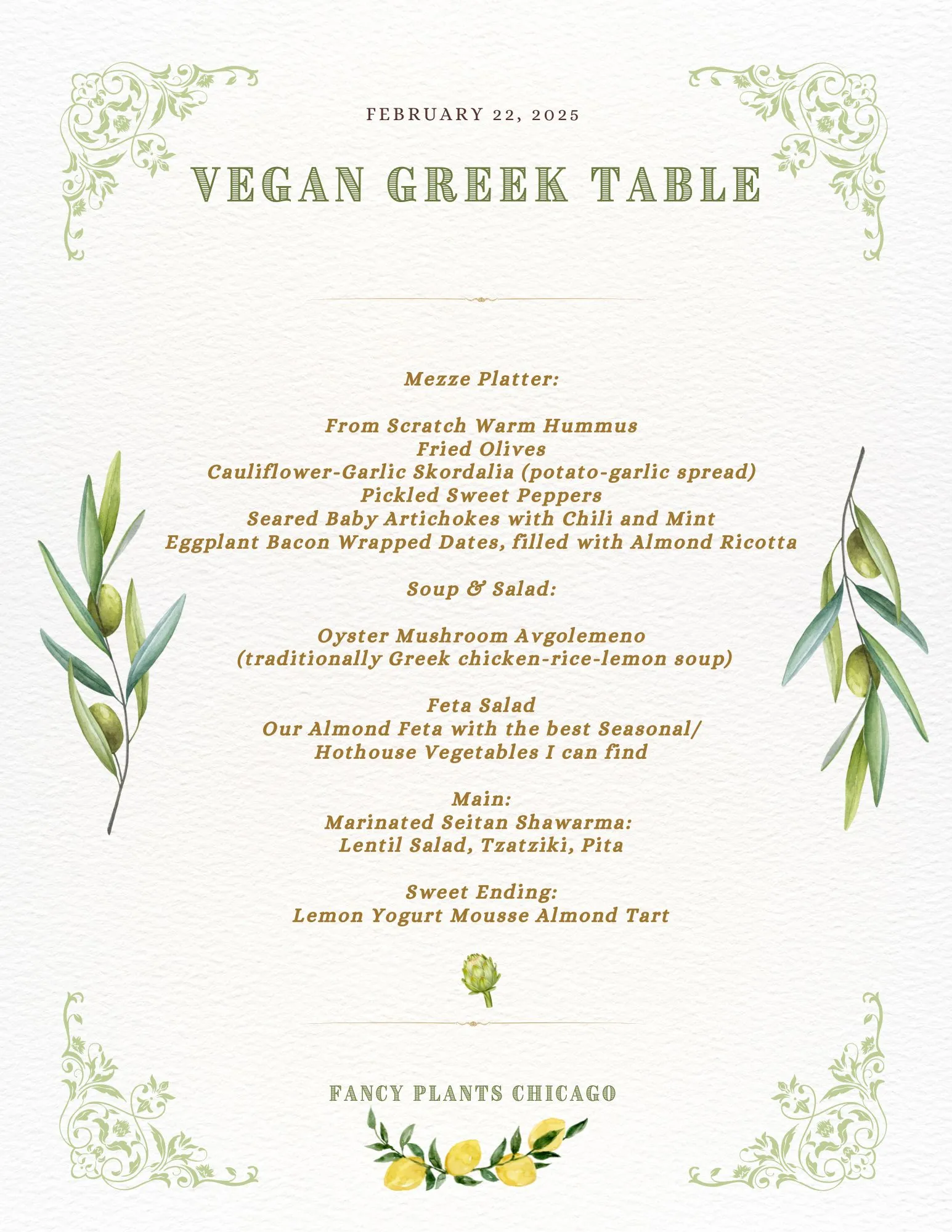 Printed menu card for Vegan Greek Table, 22 February 2025 — transcribed below
